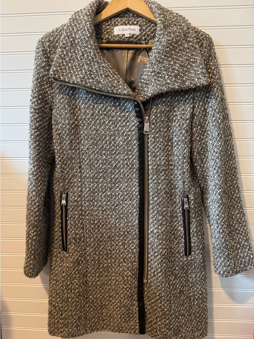 Calvin Klein Army Green Tweed Asymmetrical Zip Coat
